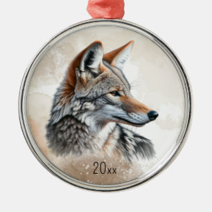 Watercolor Coyote Country Cottagecore Rustic Print Metal Ornament
