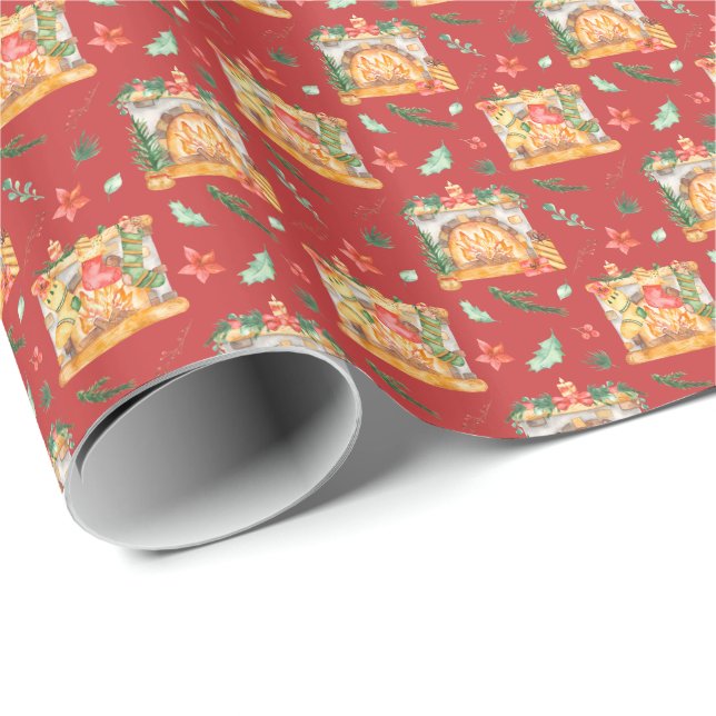 Watercolor Cozy Christmas Fireplace Red Pattern Wrapping Paper (Roll Corner)