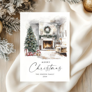 Watercolor Cozy Home Christmas Tree Holiday Card