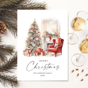 Watercolor Cozy Home Christmas Tree Holiday Card
