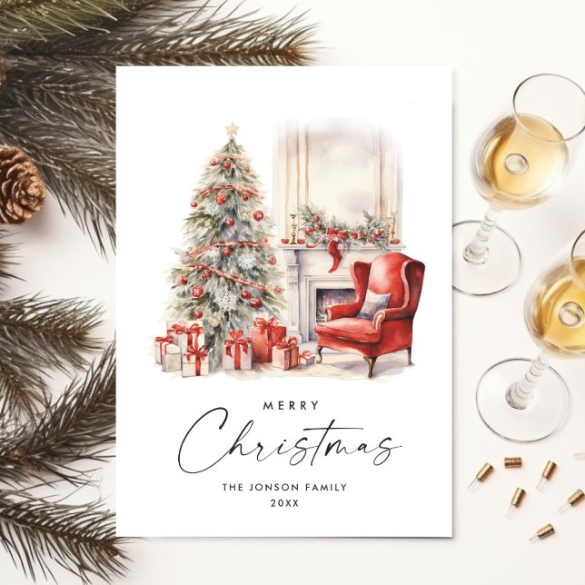Watercolor Cozy Home Christmas Tree Holiday Card (Creator Uploaded)
