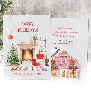 Watercolor Cozy Winter Cabin Christmas Holiday Card