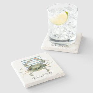 Watercolor CRAB Art Beach Coastal OCEAN CITY Stone Coaster