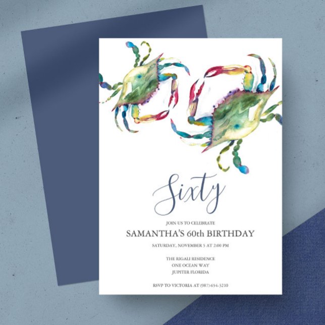 Watercolor Crab Boil 60th Birthday  Invitation (Birthday invitation crab fest watercolor blue crab art by Victoria Grigaliunas)