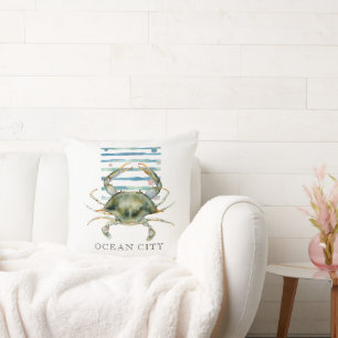 WATERCOLOR CRAB, COASTAL, BEACH, OCEAN CITY THROW PILLOW