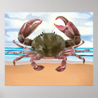 Watercolor Crab Crustacean Nautical Poster
