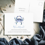 Watercolor Crab Moving Announcement Postcards<br><div class="desc">These moving announcement postcards feature a unique watercolor crab in shades of blue, perfect for sharing your new coastal address. The front showcases "We've Moved" in elegant hand-lettered script, while the back provides space for your personalized moving announcement details. Easily customize with our moving announcement templates for a stylish, beach-inspired...</div>