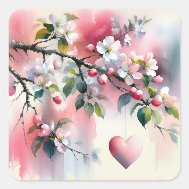 Watercolor Crabapple Tree With Heart  Square Sticker (Front)