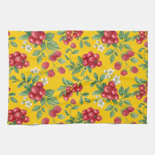 Watercolor Cranberry & Raspberry Floral Pattern Kitchen Towel (Horizontal)