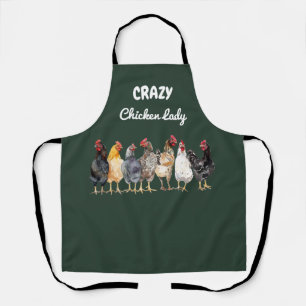 Watercolor Crazy Chicken Lady, Dark Green Farm Apron