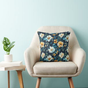 Watercolor Cream Yellow Blue Florals Throw Pillow