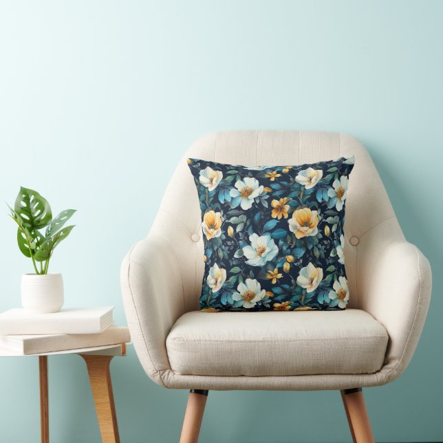 Watercolor Cream Yellow Blue Florals Throw Pillow (Chair)
