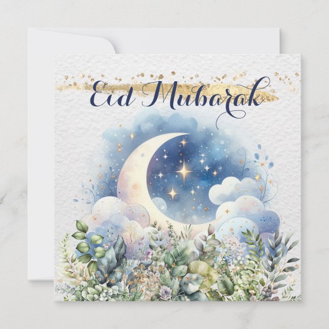 Watercolor Crescent Moon Eid Mubarak Gold Accent   Holiday Card (Front)
