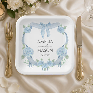 Watercolor Crest Blue Hydrangea Wedding Paper Plate