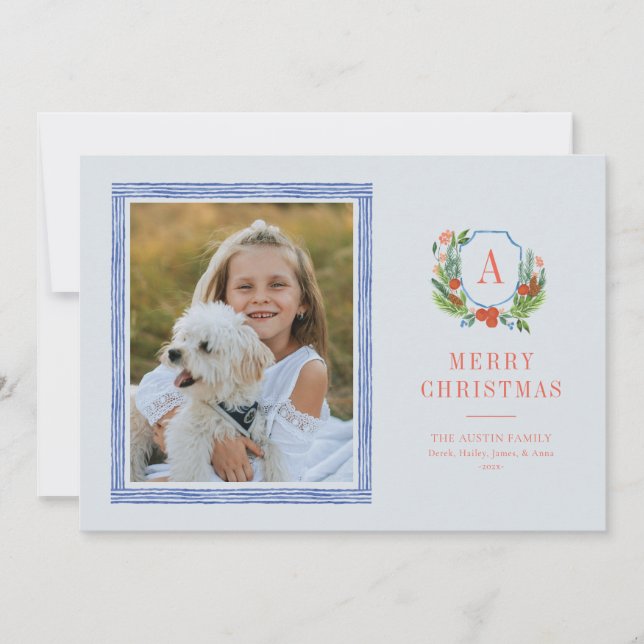 Watercolor Crest Preppy Christmas Photo Card (Front)