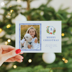 Watercolor Crest Preppy Christmas Photo Card