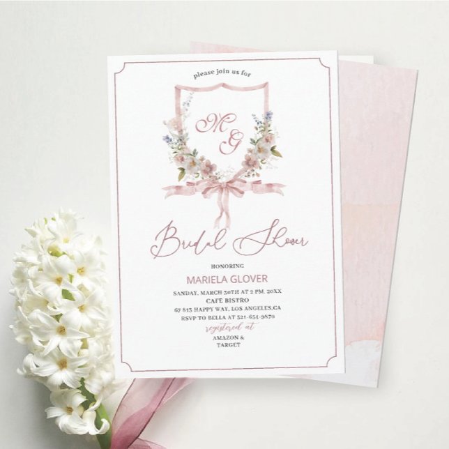 Watercolor Crests  Pink flowers Bridal Shower Invitation (Creator Uploaded)