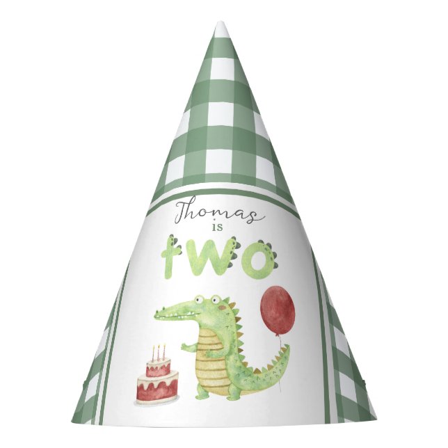 Watercolor Crocodile 2nd birthday Party Hat (Front)