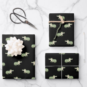 Watercolor Crocodiles on Black Wrapping Paper Sheet