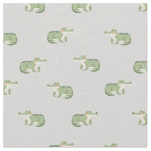 Watercolor Crocodiles on Light Gray Fabric