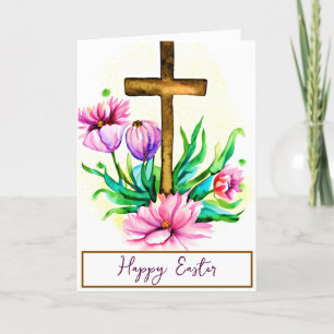 Watercolor cross and pink lotus custom Easter Holiday Card