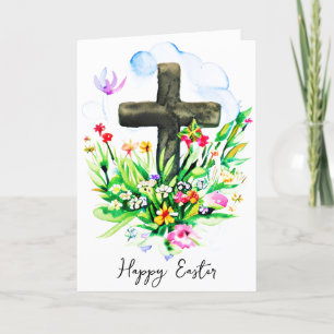 Watercolor cross and wildflowers custom Easter Holiday Card