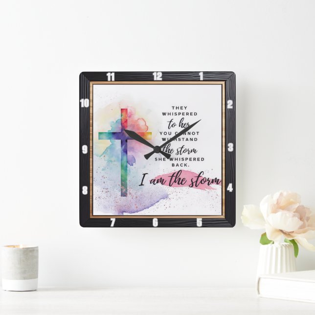 Watercolor Cross Empowering Storm Square Wall Clock (Home)