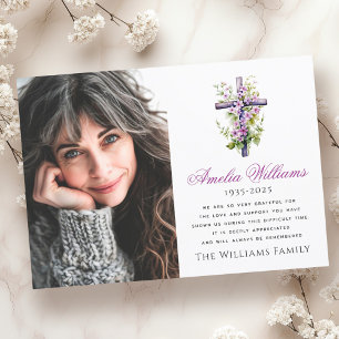 Watercolor cross flower sympathy photo thank you card