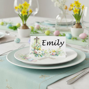 Watercolor cross, lilies and easter eggs place card