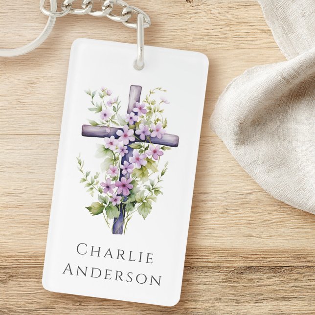 Watercolor cross purple flower name or text keychain (Watercolor cross purple flower name or text keychain)