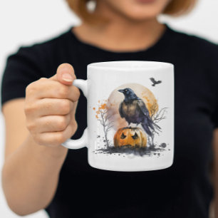 Watercolor Crow Pumpkin Halloween Coffee Mug