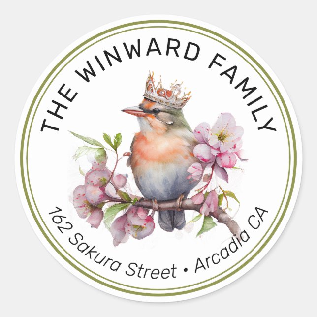 Watercolor Crowned Spring Bird Address Classic Round Sticker (Front)