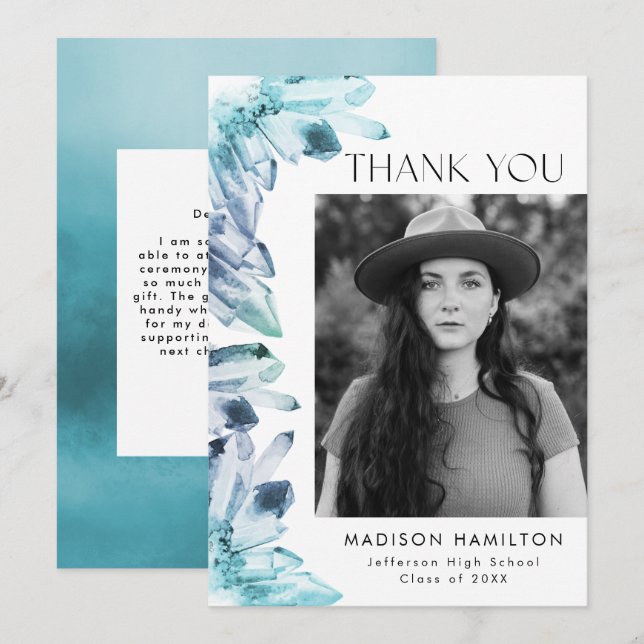 Watercolor Crystals Blue Photo Graduation Thank You Card (Front/Back)