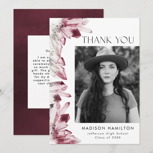 Watercolor Crystals Burgundy Photo Graduation Thank You Card (Front/Back)