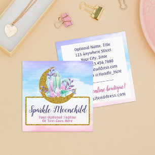 Watercolor Crystals & Gold Crescent Moon Boutique Square Business Card