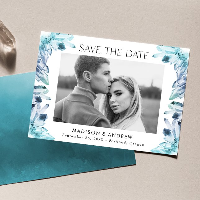 Watercolor Crystals Turquoise Blue Photo Save The Date (Creator Uploaded)