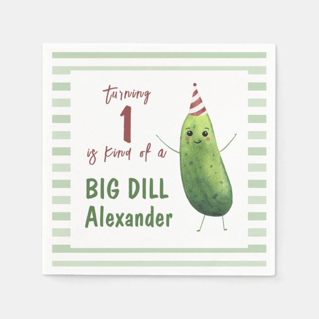 Watercolor Cucumber Big Dill Birthday Party Napkin (Front)