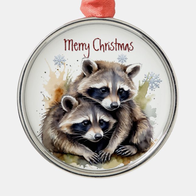 Watercolor Cuddling Raccoon Animal Nature Art Metal Ornament (Front)