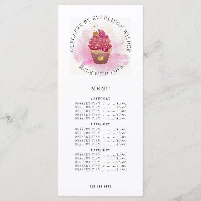 Watercolor Cupcake Bakery Pastry Chef  Menu (Front)