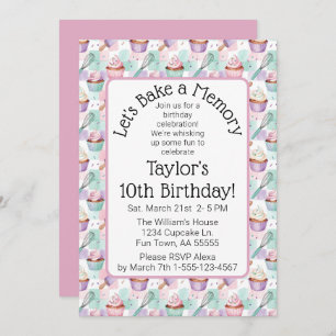 Watercolor Cupcake Birthday Let's Bake a Memory Invitation
