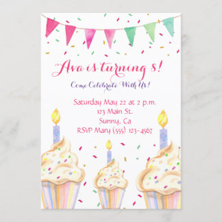 Watercolor Cupcake Invitation d'anniversaire