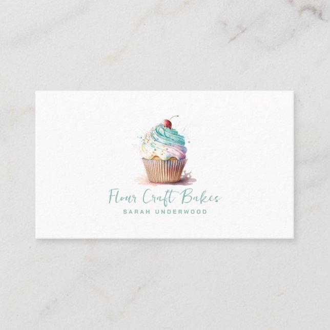 Watercolor Cupcake Logo Baker Bakery Pastry Chef Business Card (Front)