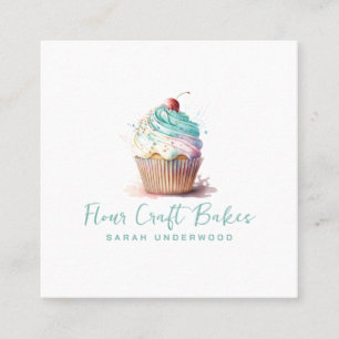 Watercolor Cupcake Logo Baker Bakery Pastry Chef Square Business Card