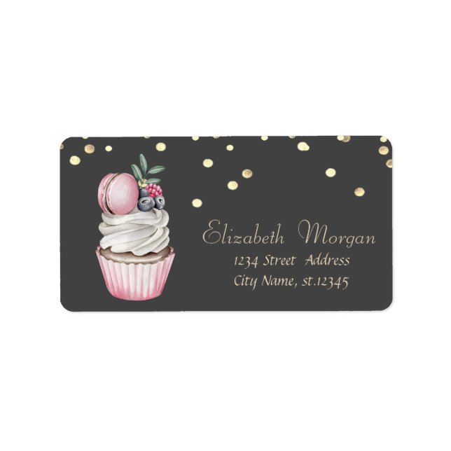 Watercolor Cupcake Macaron Gold Foil Confetti  Label (Front)