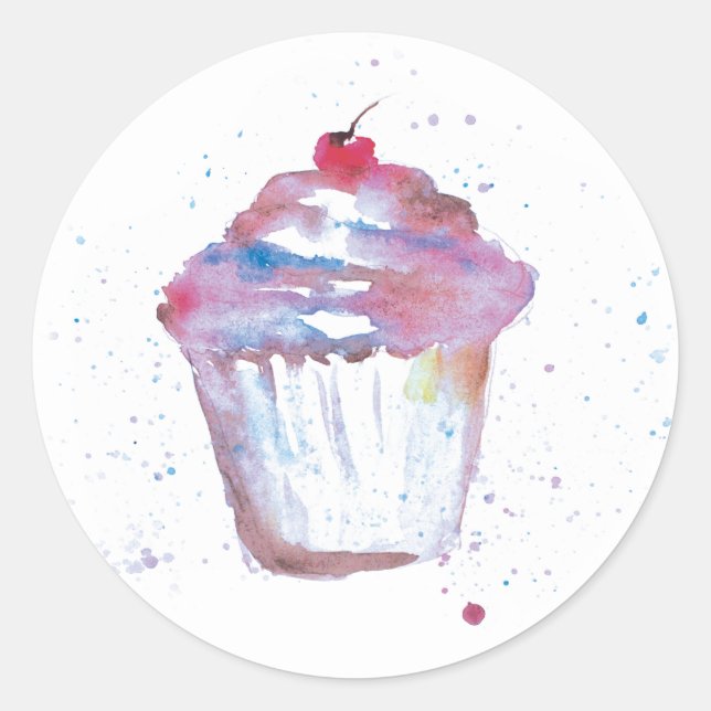 Watercolor cupcake Painting Classic Round Sticker (Front)