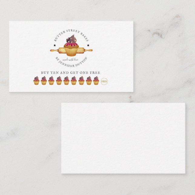 Watercolor Cupcake Rolling Pin Baker Loyalty Card (Front/Back)