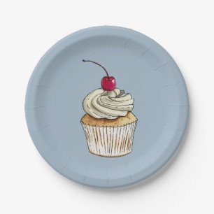 Watercolor Cupcake with Whipped Cream and Cherry Paper Plate