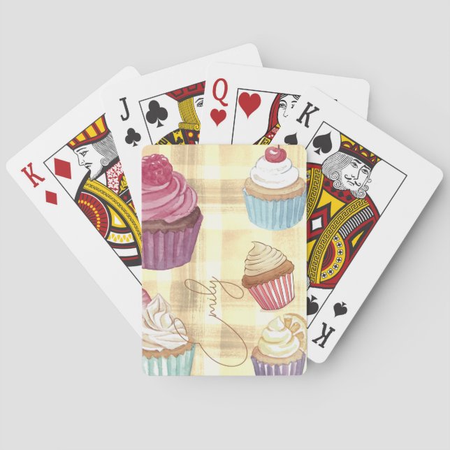 Watercolor Cupcake Yellow Plaid Monogram Baker's Playing Cards (Back)