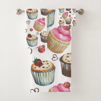 Watercolor cupcakes bath towel set