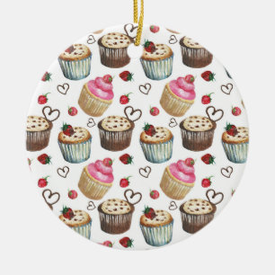 Watercolor cupcakes ceramic ornament
